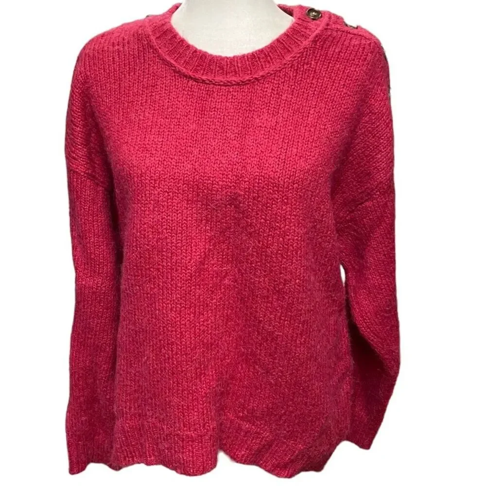J.Crew Size M Alpaca Wool Raspberry Red Shoulder Button Fuzzy Pullover Sweater